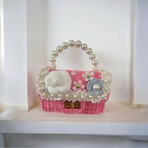 Mini Tweed Handbag Girls Designer Inspired Tote Pearls Floral Crossbody Bag Pink